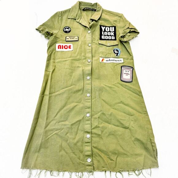 Zara Graphic Patchwork Button Down Military Shirt Dress Khaki Green SIze X-Small - Picture 6 of 6